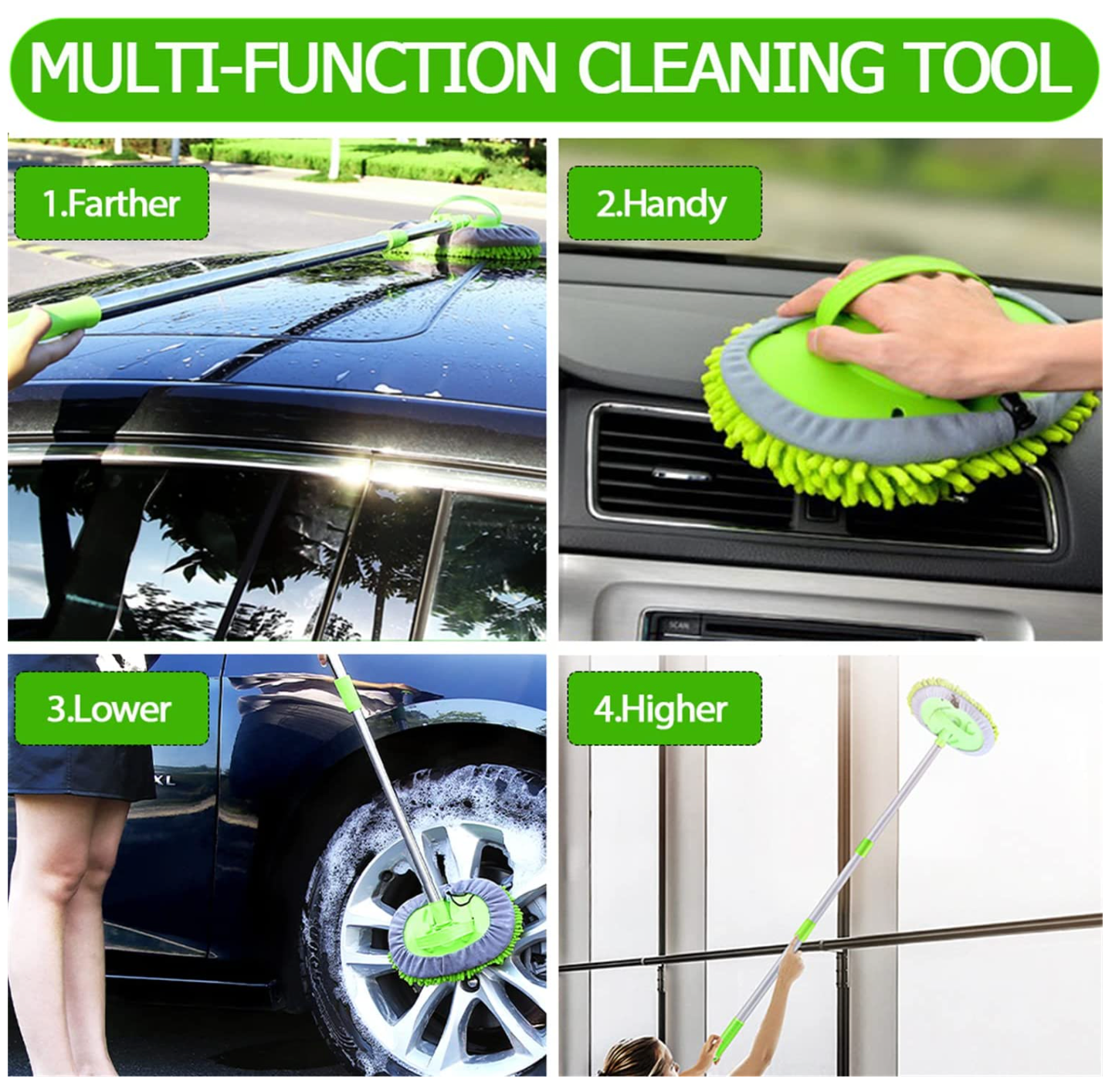 Car Wash Brush Mop Cleaning Tool with Long Handle Kit - Green