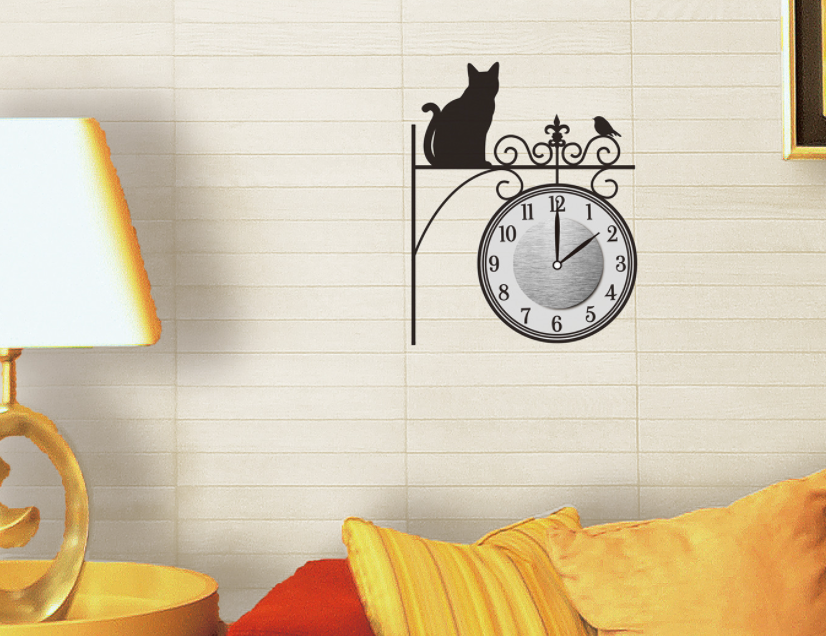 貼紙型剪影牆鐘 (貓和鳥) Wall Clock Sticker - Gusset Cat