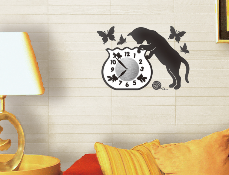 貼紙型剪影牆鐘 (貓和魚) Wall Clock Sticker - Cat & Goldfish Bowl